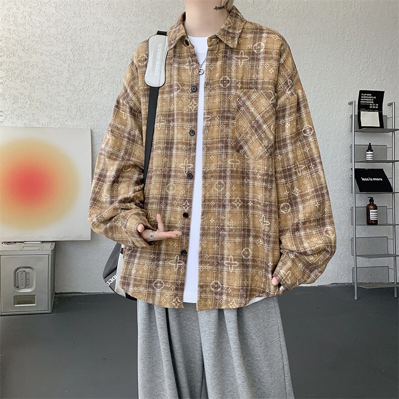 衬衫男秋季新款港风宽松大码磨毛格子扎染长袖衬衣CS506-P35,男装衬衫,星座214-3