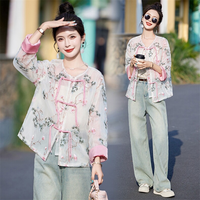小香风薄款外套女2024春夏新款新中式国风短款宽松粉色刺绣防晒衣,女装防晒衣,半夏