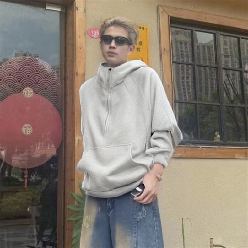抖音得物二开美式重磅宽松结构拉链设计防风高领连帽卫衣外套W76,男装卫衣,电商A486