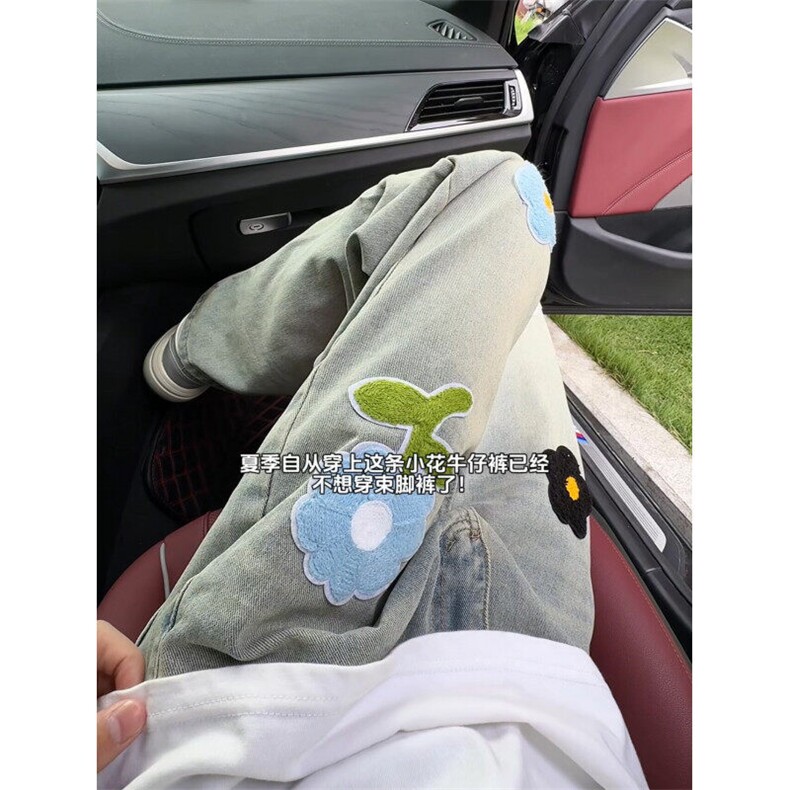 美式高街花朵刺绣微喇牛仔裤宽松直筒休闲水洗设计感长裤NKK10P55,男装牛仔裤,电商D256