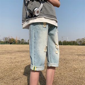 七分牛仔裤男潮牌夏季港风破洞短裤子男韩版潮流宽松直筒HT93图片
