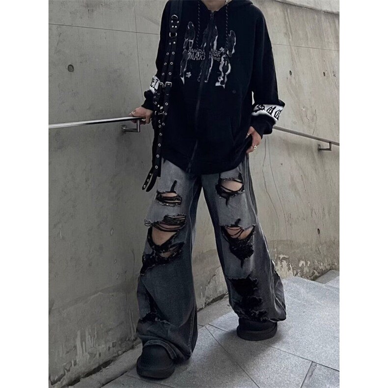 美式高街乞丐破洞牛仔裤男女夏季hiphop黑灰色裤子直筒宽松阔腿裤,男装牛仔裤,星座601-1