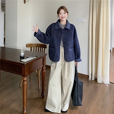 休闲慵懒风短款小个子外套2025冬季新款宽松减龄蓝色毛呢夹克大衣，女装皮衣，2C307