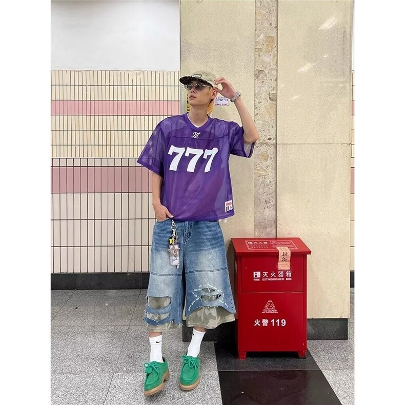 CP1235-P49美式复古拼接迷彩破洞牛仔七分裤夏季男女宽松休闲短,男装牛仔裤,电商B323A