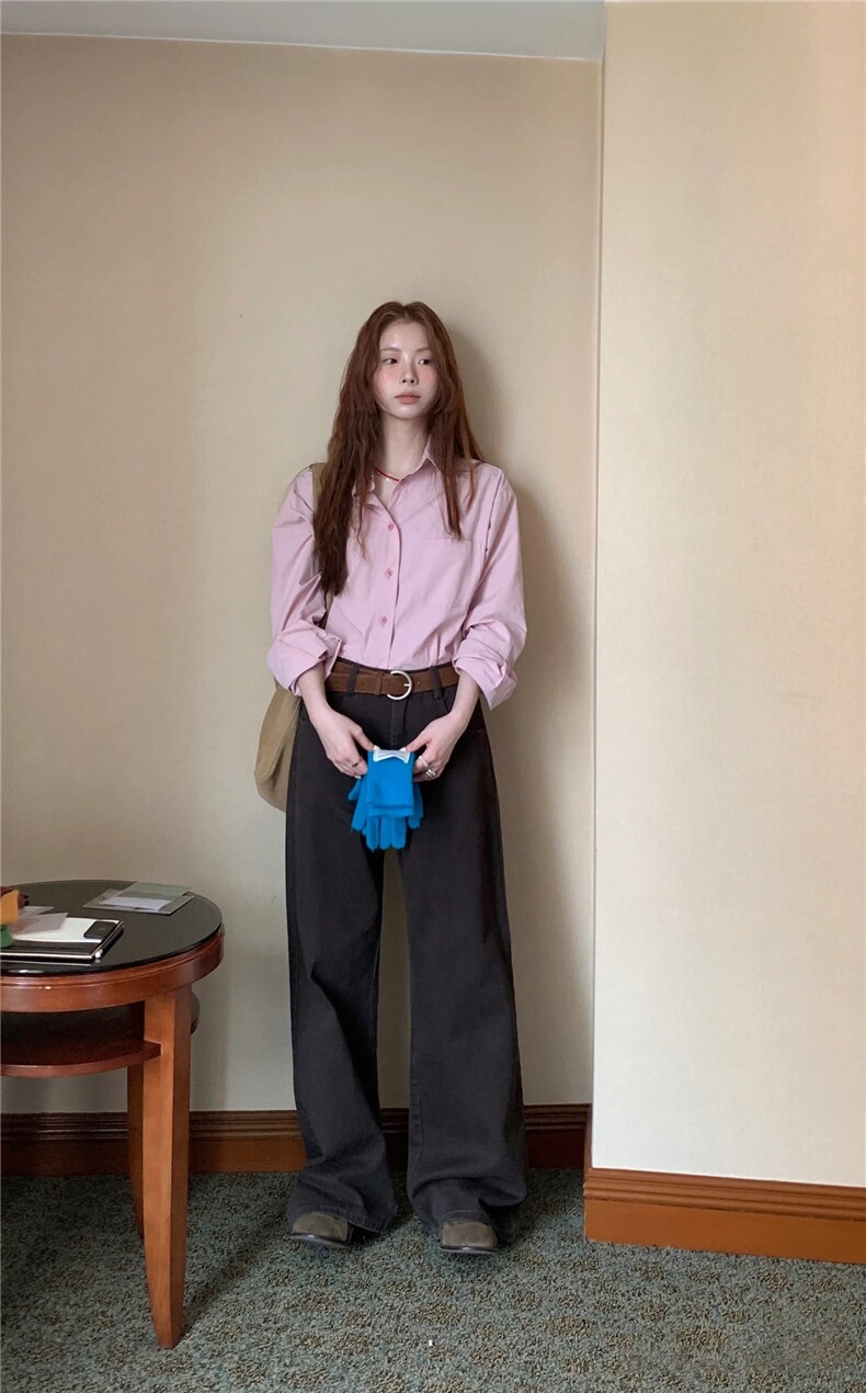高智感烟粉色~秋季气质通勤百搭经典款纯色长袖衬衫,女装衬衫,湘姗