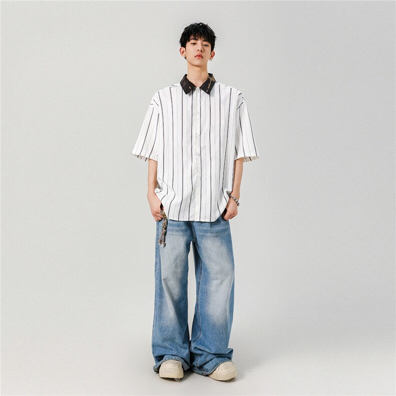 【现货】夏季新款条纹拼接撞色短袖衬衫CY06027TP35控58,男装T恤,星座1004（原星座815-3）