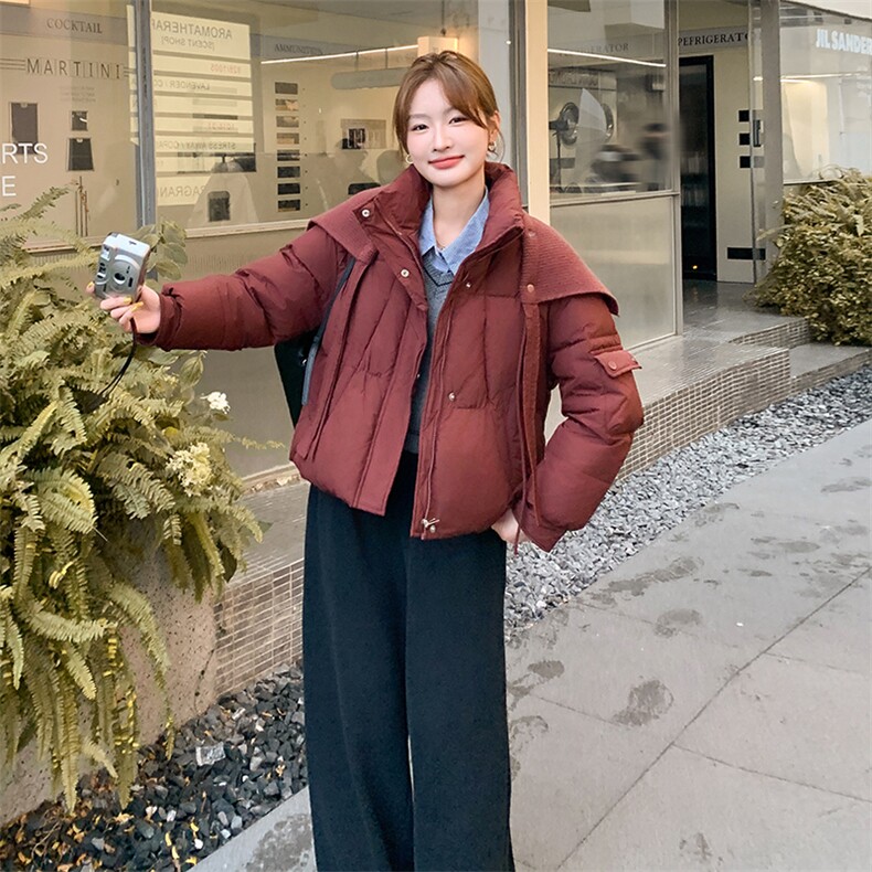 红色高级感气质短款羽绒服女冬季针织披肩设计感白鸭绒保暖外套潮,女装短外套,灵力轩