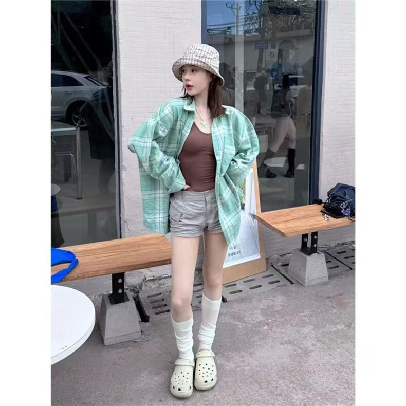 黄色格子polo领长袖衬衫外套女秋季设计感宽松衬衣中长款开衫上衣,男装衬衫,星座1210-1