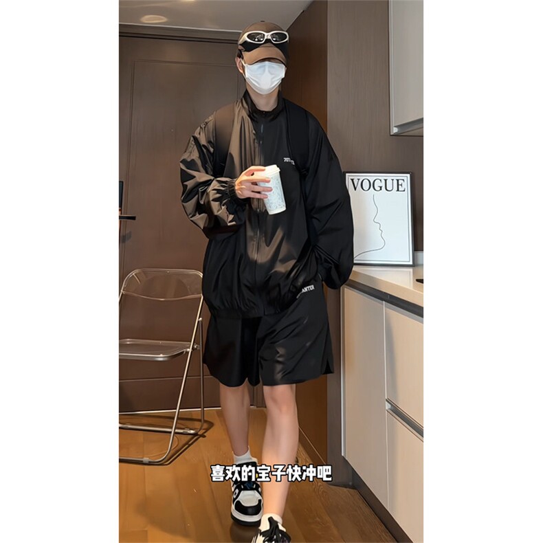 美式冰丝透气两件套激光打孔防晒五分短裤套装印花25XZ80065特78图片
