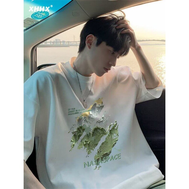 wassup happy美式短袖t恤男士夏季2025新款潮流大码休闲五分半袖图片