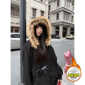 480G重磅加绒硬挺boxy秋冬美式高街超大毛领座山雕连帽卫衣厚外套图片