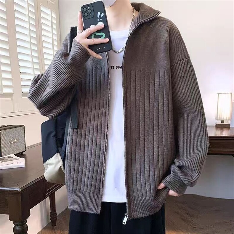 M306新款肌理感条纹开衫针织衫立领宽松休闲简约毛衣外套,男装针织衫/毛衣,星座308A-1（原309B-1）