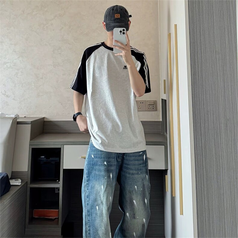 抖音得物品质二开240克宽松纯棉美式潮牌插肩三杠织带短袖T恤,男装T恤,电商A486