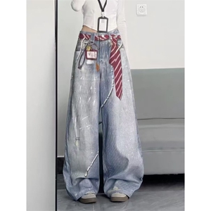 潮牌直筒牛仔裤男美式复古水洗做旧泼墨宽松百搭阔腿裤LN8021-P58图片