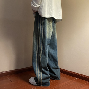 秋款男牛仔裤三条杠条纹渐变色直筒宽松长裤NK4001 P55图片
