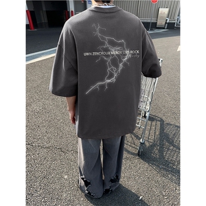 XY5537-TP25 控价38 潮牌高街美式闪电印花短袖T恤男港风宽松上衣图片