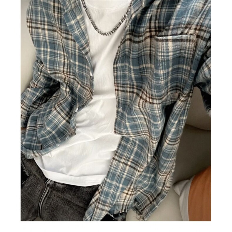 格子衬衫男高级感痞帅夏季薄款宽松翻领长袖衬衣港风男士休闲寸衫,男装衬衫,星座506A
