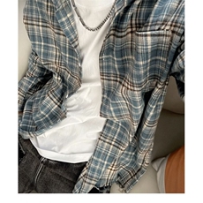 格子衬衫男高级感痞帅夏季薄款宽松翻领长袖衬衣港风男士休闲寸衫，男装衬衫，星座506A