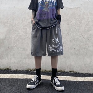 K694-P25  现货 ins高街休闲字母印花宽松运动男阔腿五分短裤图片