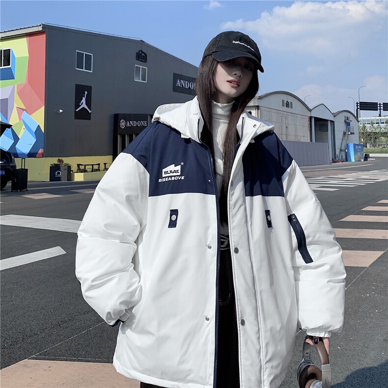 EQ333 可脱卸连帽拼色工装棉衣外套男女情侣装冬装2024新款棉服图片