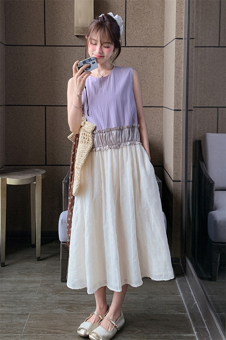 设计感拼接无袖连衣裙女2025夏季新款韩系甜美宽松小个子背心裙潮,女装连衣裙,浙宝305