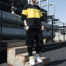 2023夏季潮流时尚T恤男装青少年宽松棉质ins圆领套装F12P68，男装休闲套装，电商A086