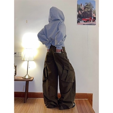 美式复古豹纹拼接多口袋牛仔裤男女cleanfit宽松工装裤情侣阔腿裤，男装牛仔裤，四季星座505