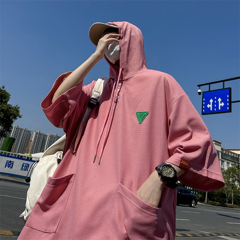 夏款男连帽T恤华夫格工装大口袋贴标宽松五分袖外套T245P38,男装T恤,星座1013-1