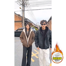 现货高品质美式冬季重磅座山雕大毛毛领pu皮棉衣男女加厚外套，男装皮衣，电商A486