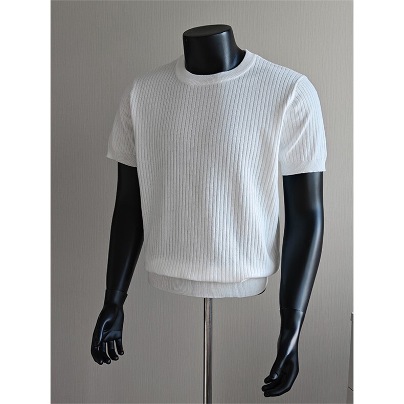 盗图老钱风坑条纹镂空冰丝圆领针织短袖T恤衫E77156/P55控78，男装T恤，电商A243