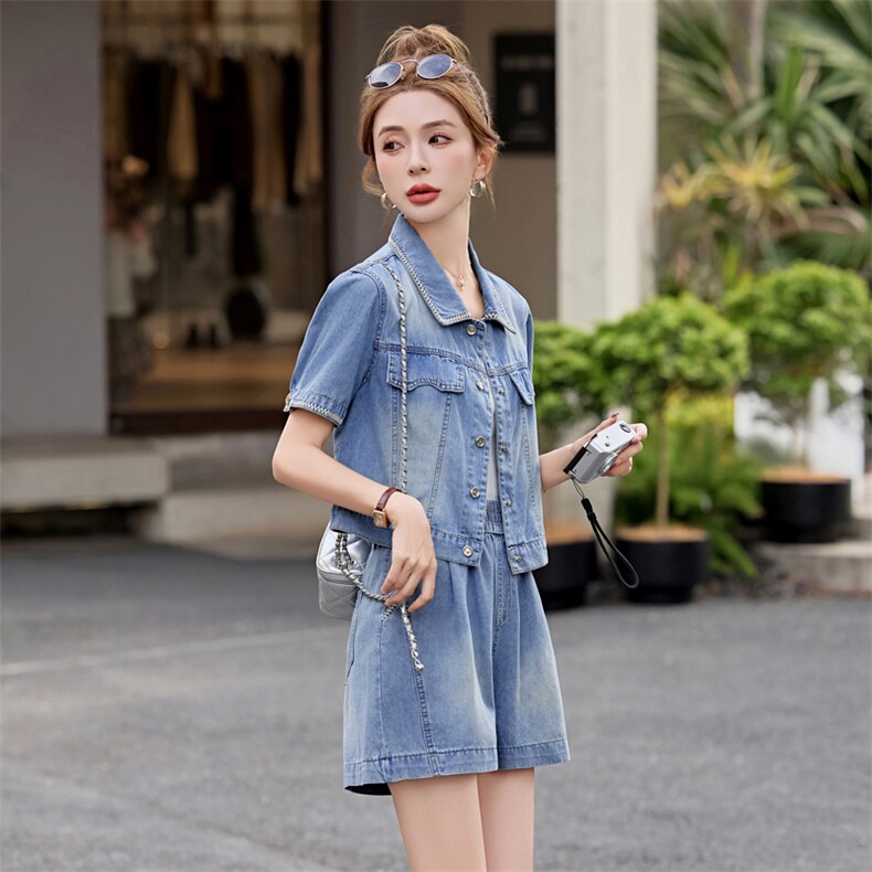 牛仔短裤套装女2025夏新款小个子韩系高级松弛感超火减龄休闲穿搭,女装套装/套裙,意芙