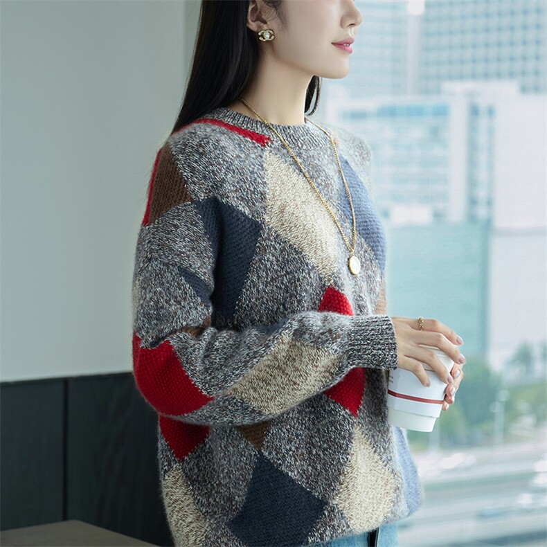 2024秋季新款嵌花菱形格35%羊绒套头衫,女装羊绒衫,兴泰羊绒