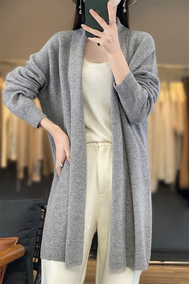 V领中长款100%羊毛开衫大衣女25秋冬宽松慵懒羊绒衫针织毛衣外套,女装羊毛衫,优麦羊绒（原洪叶羊绒）