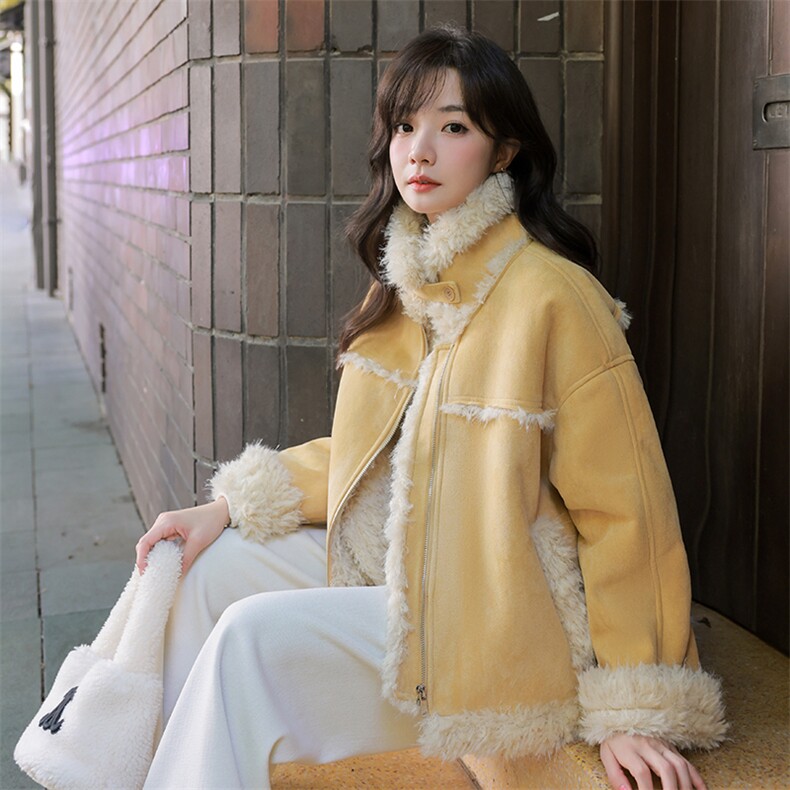 温柔风羊羔毛短外套女冬季2025新款韩系加绒加厚毛茸时髦保暖棉衣,女装棉衣/棉服,2C122