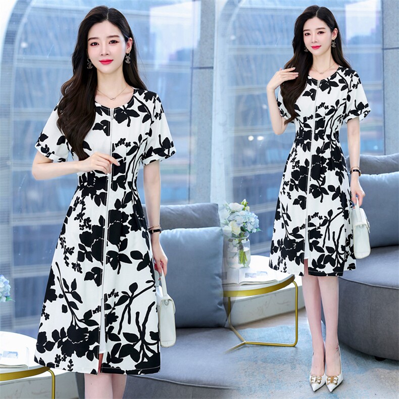 雪纺连衣裙女夏季2023新款网红爆款修身显瘦高端精致水墨印花裙子，女装连衣裙，时尚俏佳人