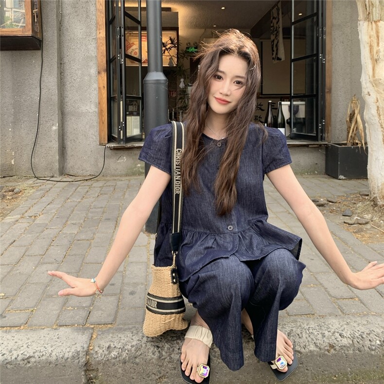 休闲镂空吊带牛仔阔腿裤套装女夏2025新款三件套ootd穿搭爆款流行,女装套装/套裙,2C129
