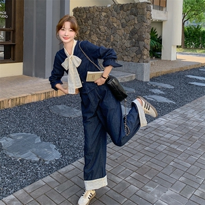 深蓝色法式气质蝴蝶结牛仔套装女2025秋季淡人短外套阔腿裤两件套图片