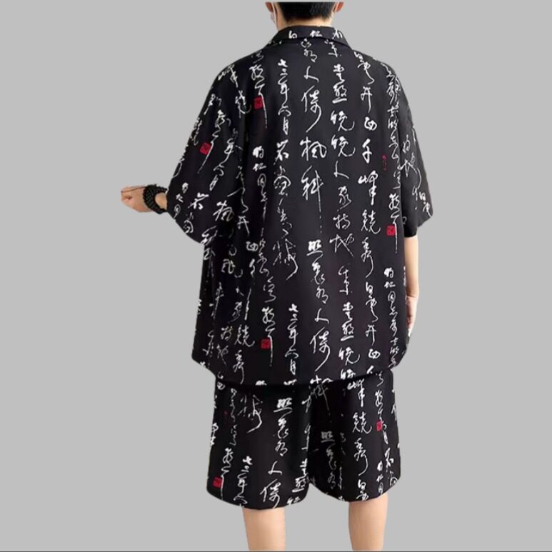 风书法文字冰丝半袖新中式拼接衬衫休闲短袖衬衣男女衬衫两件套,男装T恤,星座601-1