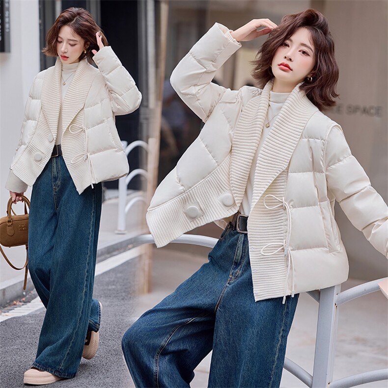 现货设计感针织毛线领拼接羽绒服女短款2024冬季新款加厚保暖外套,女装羽绒服,仟媚宠