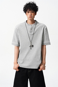8XL-M 肌理感竖条纹亨利领短袖T恤男cleanfit老钱风夏季上衣DX346图片