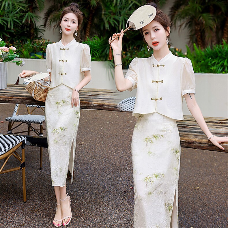 新中式国风连衣裙2025夏新款高端精致温柔改良旗袍碎花两件套套裙，女装套装/套裙，润尚靓点