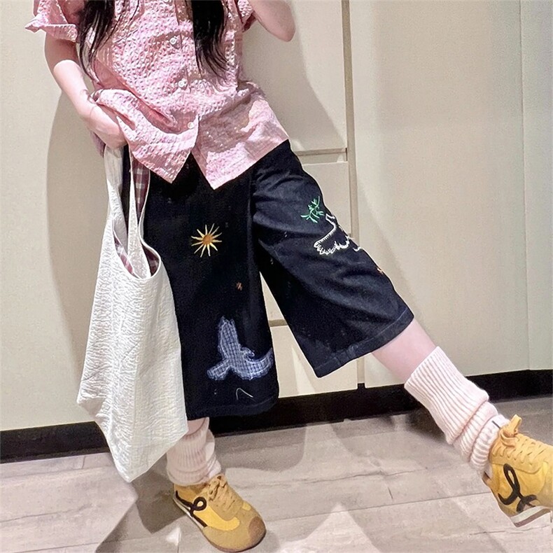 美式复古丹宁趣味刺绣牛仔短裤女夏季阔腿中裤宽松休闲直筒七分裤,男装牛仔裤,星座506A