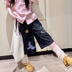 美式复古丹宁趣味刺绣牛仔短裤女夏季阔腿中裤宽松休闲直筒七分裤，男装牛仔裤，星座506A