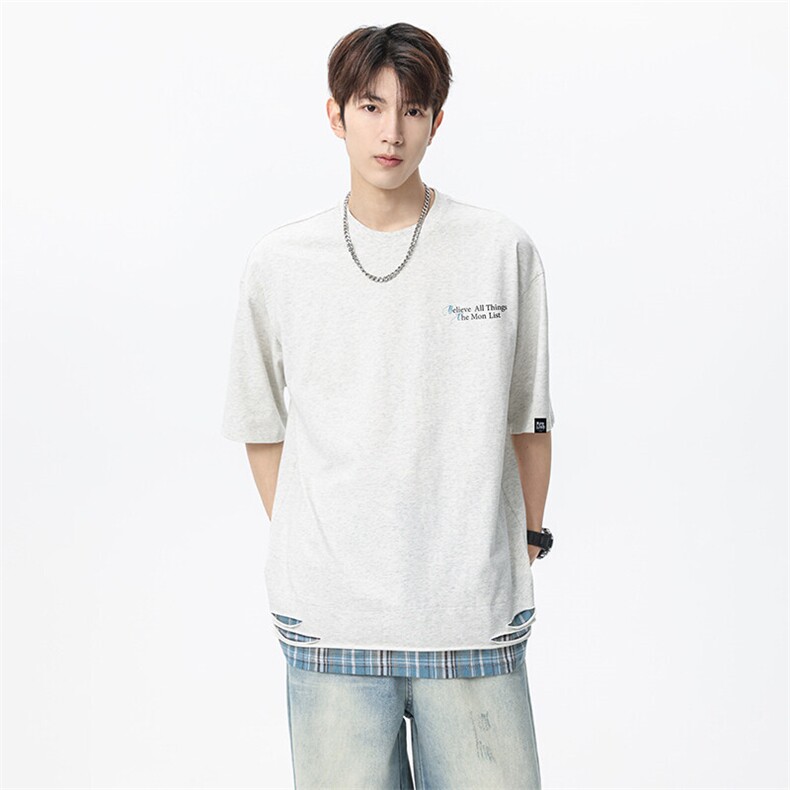 2025美式复古破洞设撞色拼接格宽松圆领短袖T恤TC31109RK02-P26,男装T恤,星座717