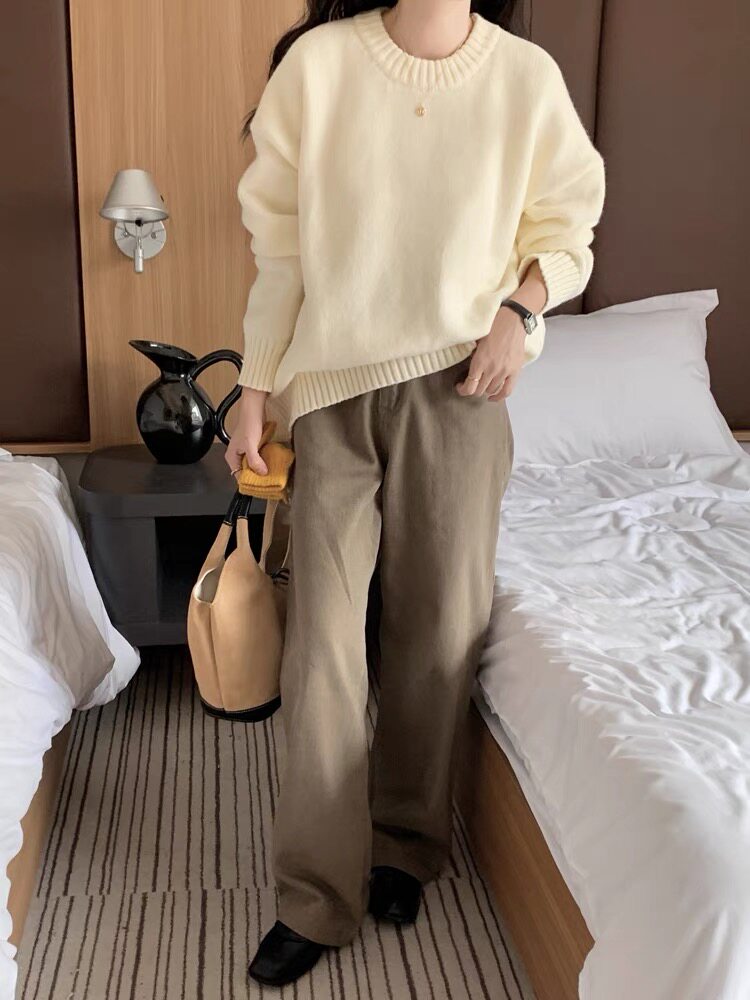 重磅加厚羊毛针织衫女圆领打底套头上衣纯色宽松慵懒风秋冬,女装羊毛衫,梵泰羊绒