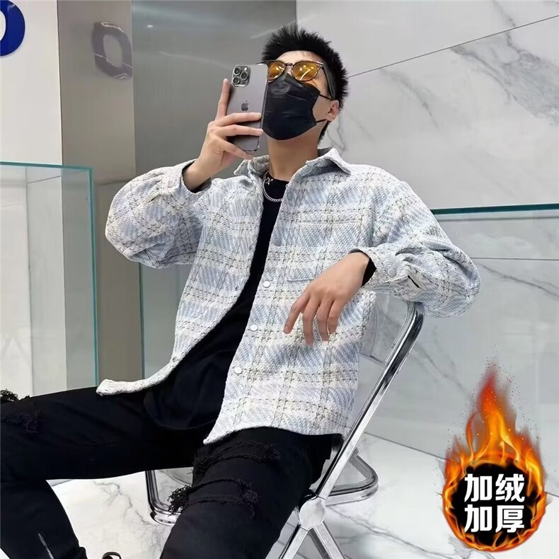 轻奢高级感外套男小香风格子翻领痞帅潮流宽松长袖衬衫秋冬季夹克,男装夹克,星座506A