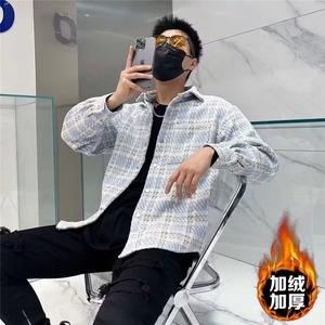 轻奢高级感外套男小香风格子翻领痞帅潮流宽松长袖衬衫秋冬季夹克图片