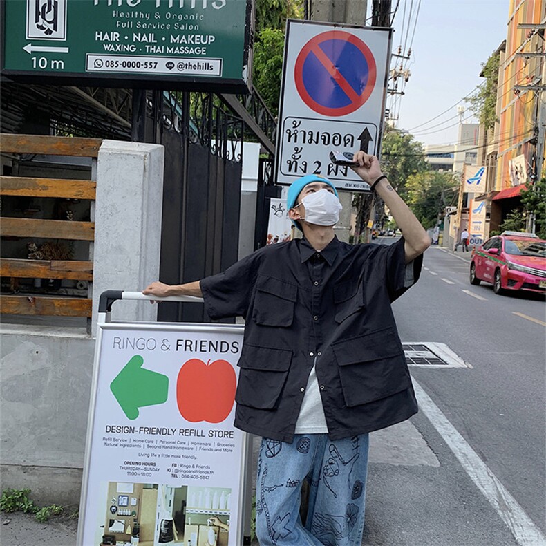 工装短袖衬衫女夏季日系设计感小众复古中性衬衣薄款上衣C31-P42,男装衬衫,星座1008