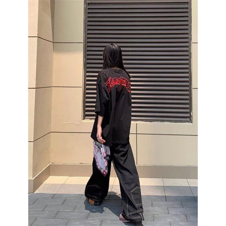 夏季美式高街后背字母印花短袖T恤男女潮牌宽松休闲情侣圆领上衣,男装T恤,星座506A