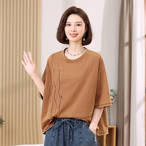 精疏棉妈妈t恤短袖绣花短袖2025新款夏宽松中老年女士50多岁上衣图片